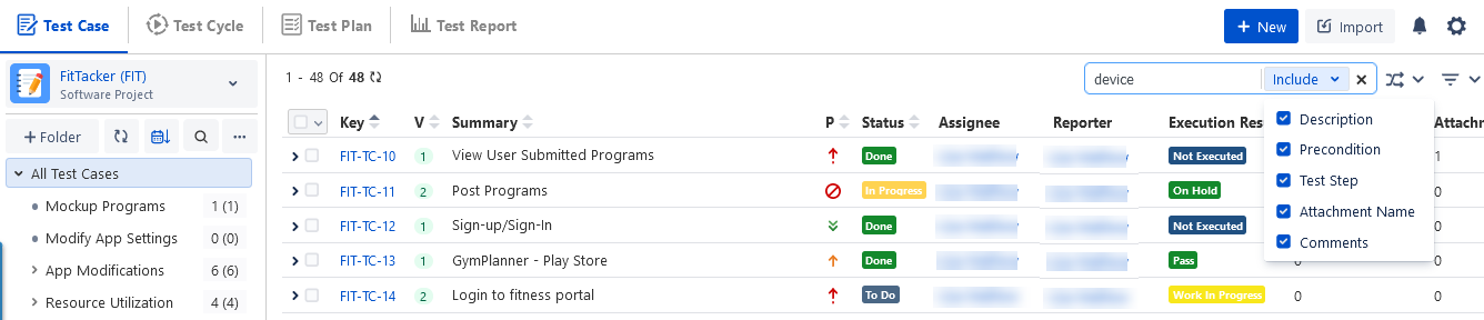 Search Test Case Option