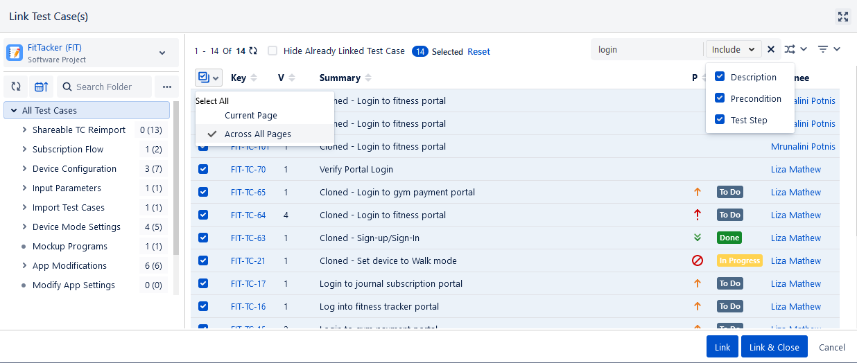 Link Test Cases Screen