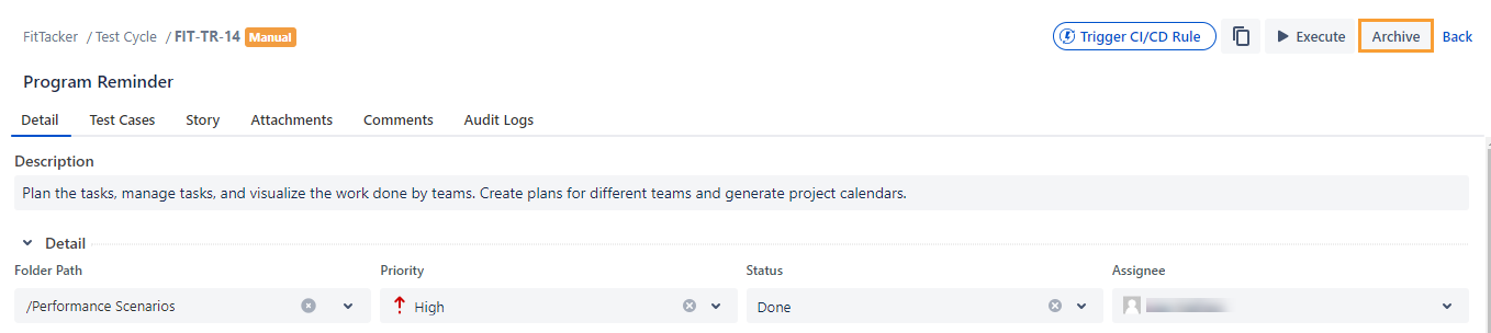 Archive Test Cycle from Detail Page