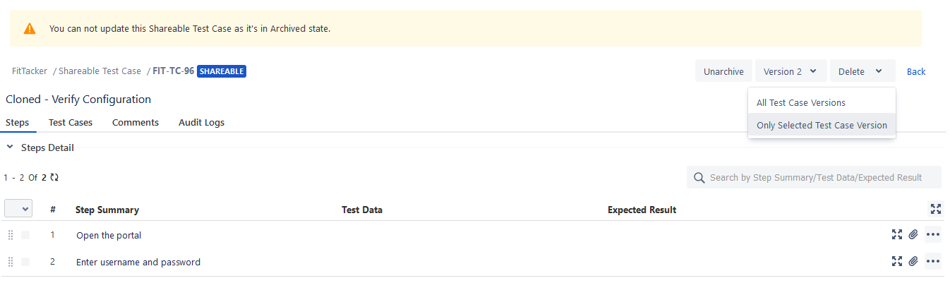 Delete Shareable Test Case Version