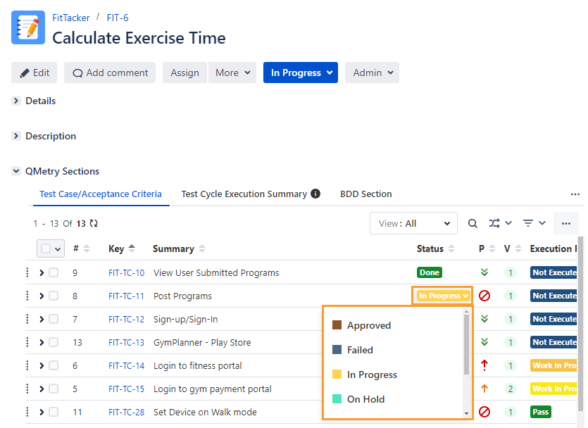 Update Test Case Status Inline