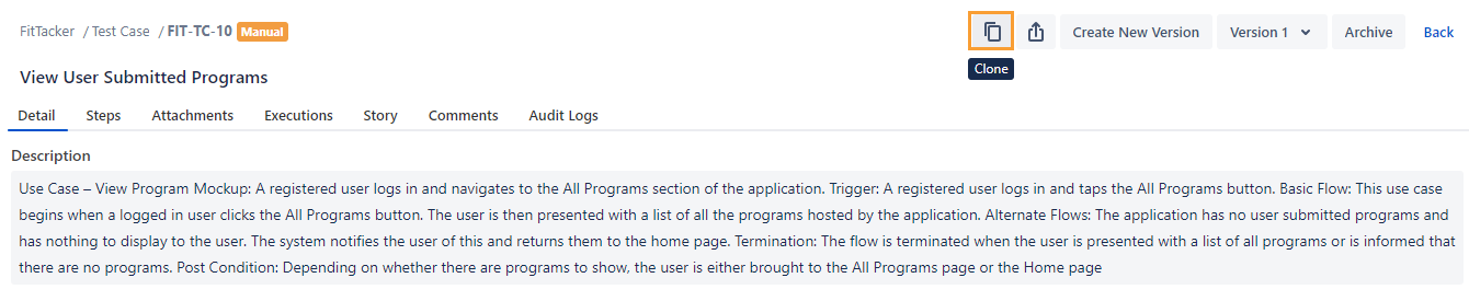 Clone Test Case from Test Case Detail Page