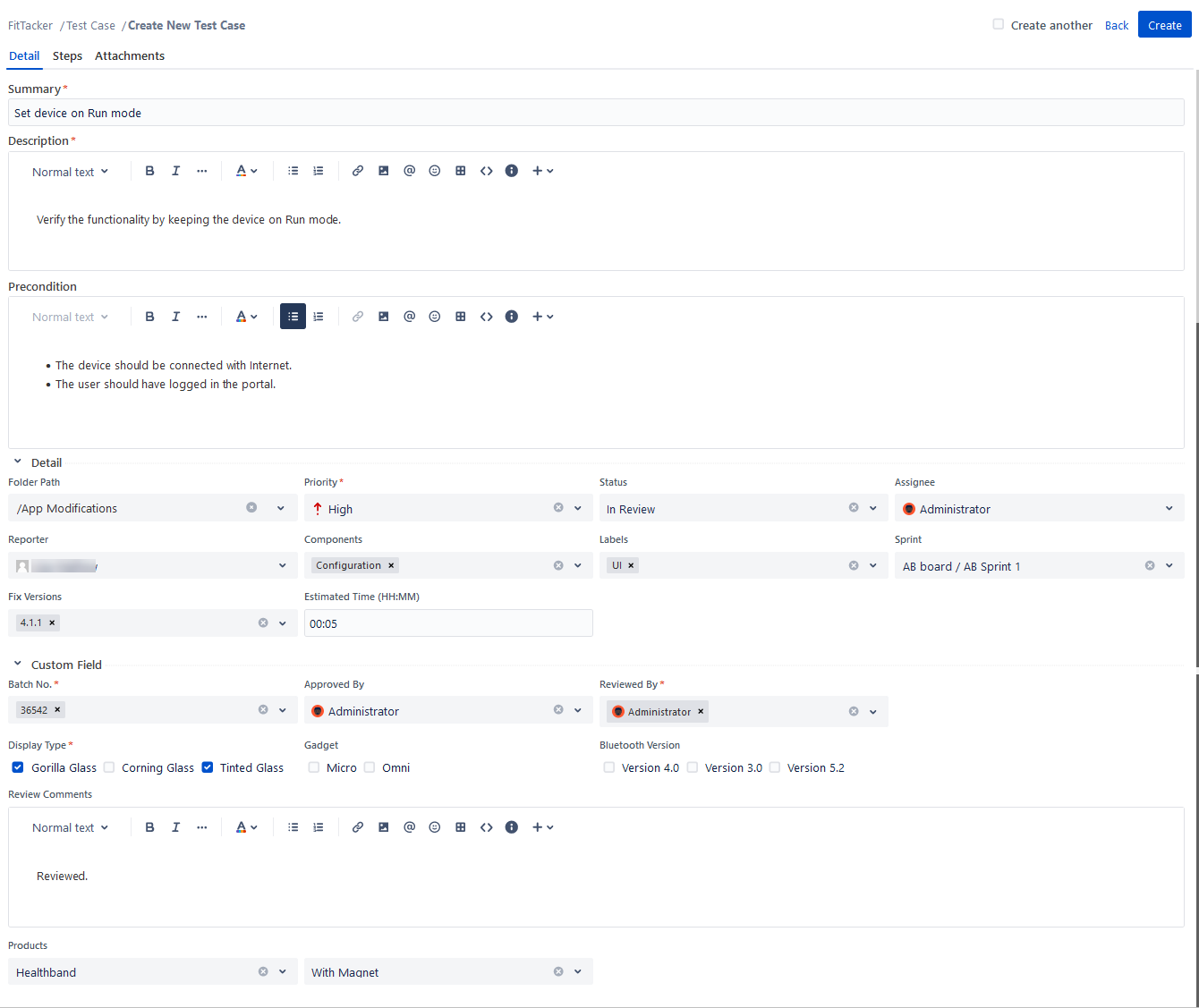 Create Test Case Screen