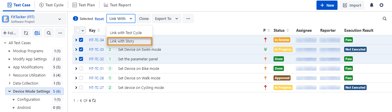 Link with Story Option TC List View