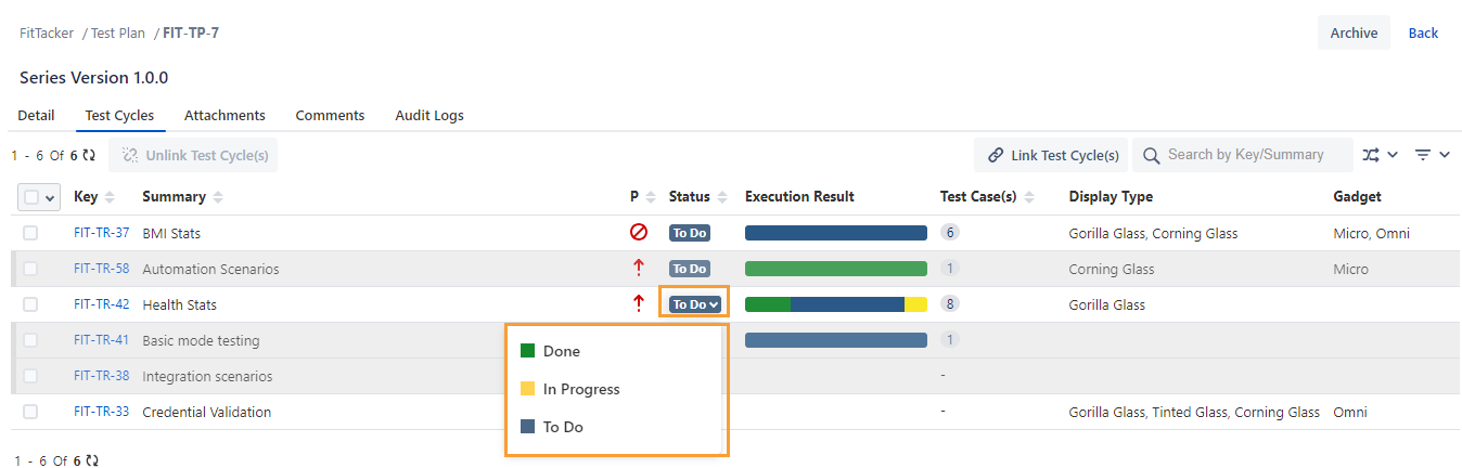 Update Test Cycle Status Inline TestPlan