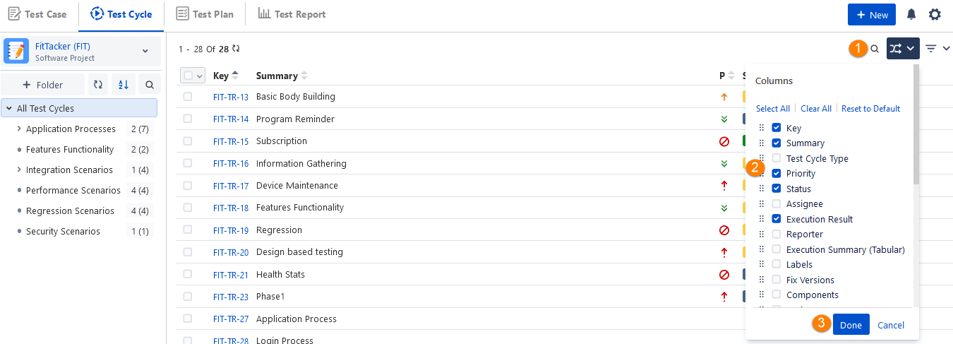 Arrange Columns Test Cycle