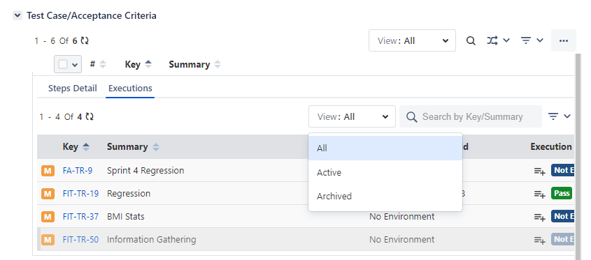 Jira Story Executions Tab