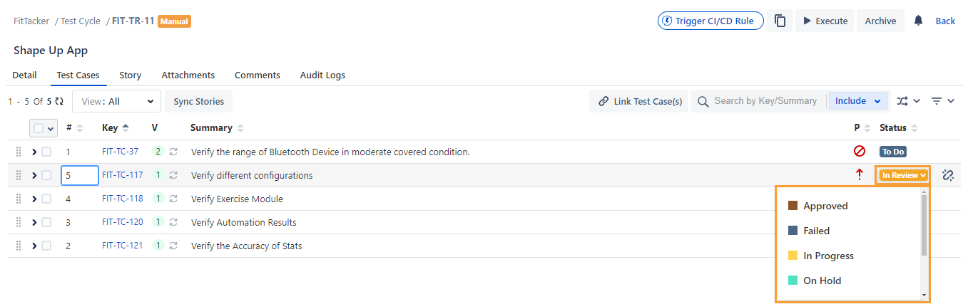 Inline Update of Test Case Status
