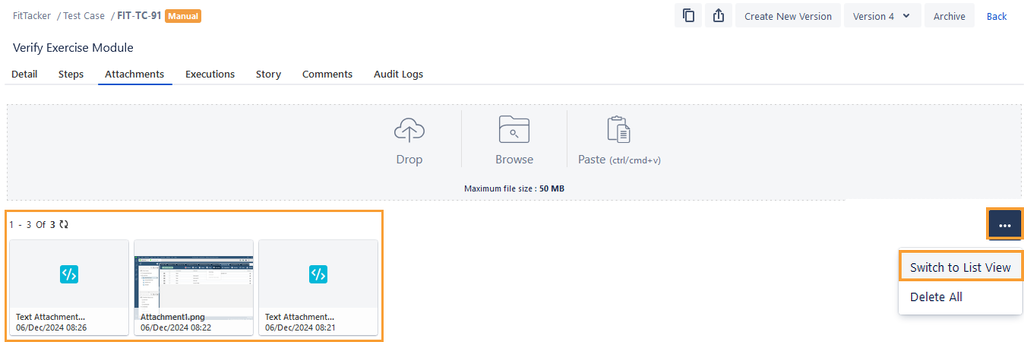 Test Case Attachment Switch to List View