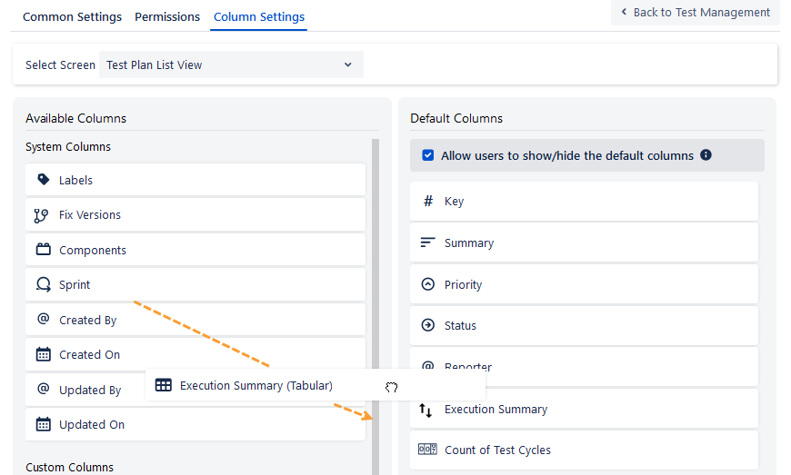 Test Plan Default Columns