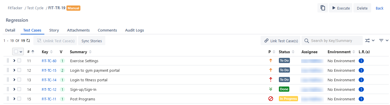 Test Cases Tab in Test Cycle