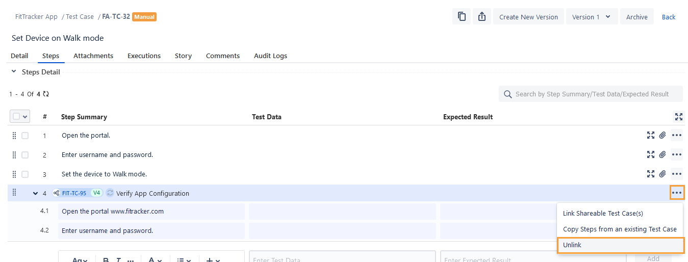 Unlink Shareable Test Case