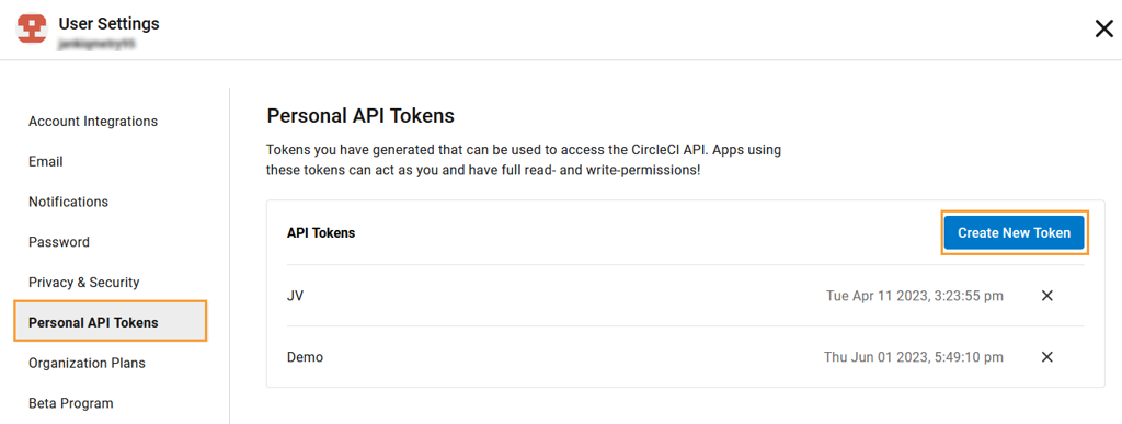 CircleCI Create New Token