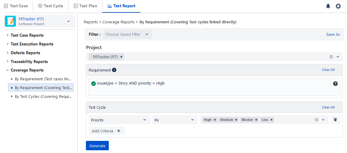 Coverage for Directly Linked Test Cycles