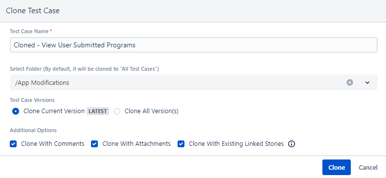 Clone Test Case Screen