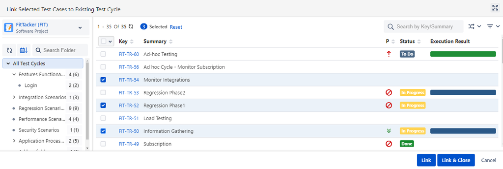Select Test Cycles to link Test Cases