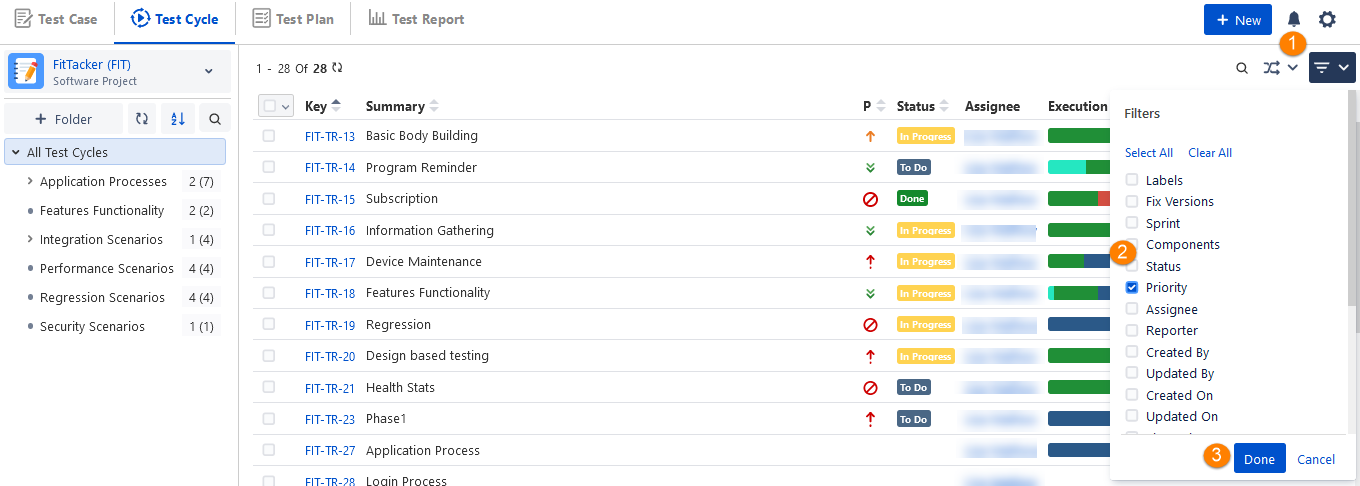 Filters on Test Cycle Grid View