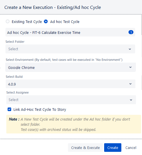New Execution Adhoc Test Cycle