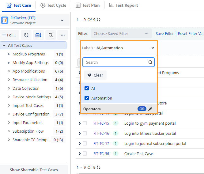 Apply Operators in Test Case Search