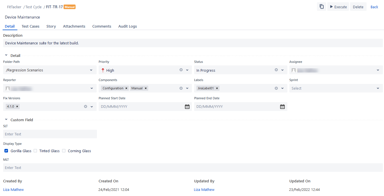Inline Editing of Test Cycle