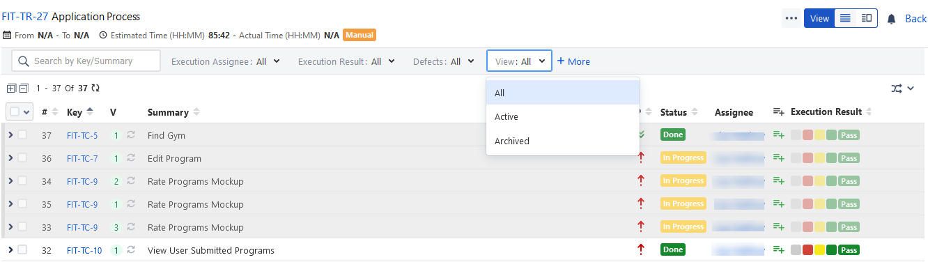 Archived Test Cases on List View