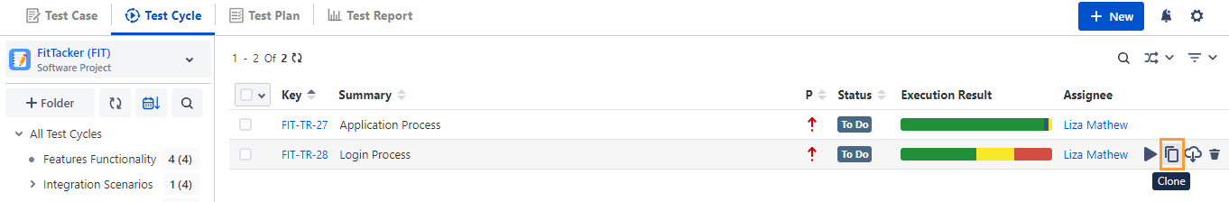 Clone Test Cycle from List View
