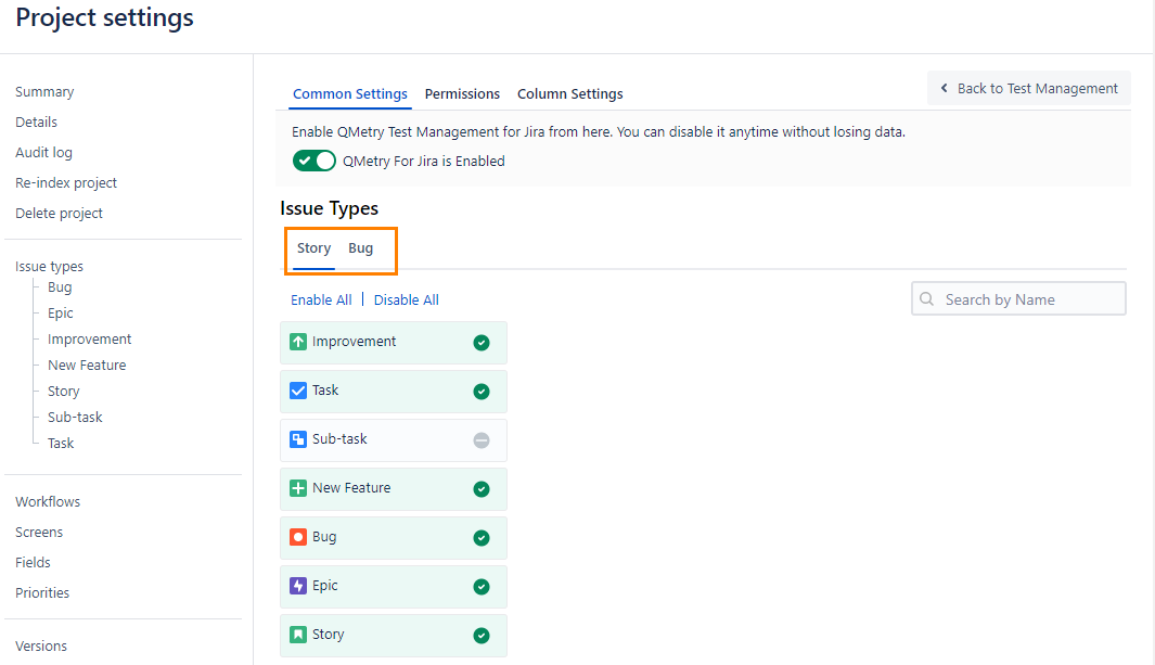 Enable Issue Types for Story and Bug