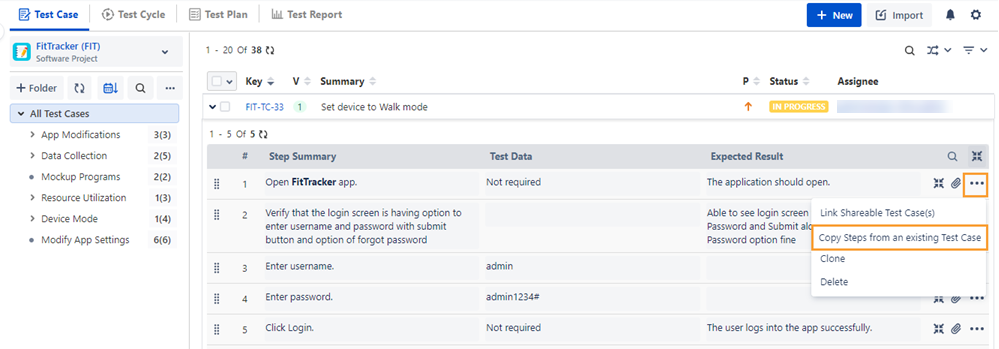 Select Steps from Test Case Screen