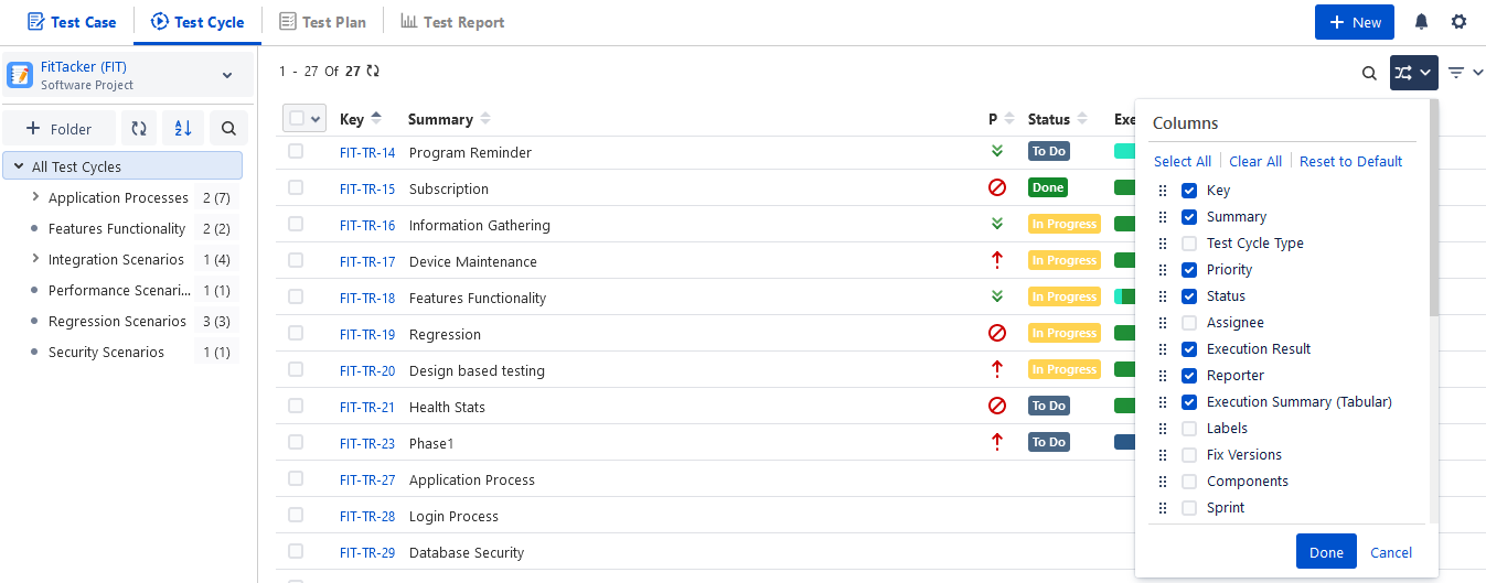 Test Cycle List View Columns