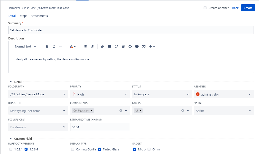 Create New Test Case Screen