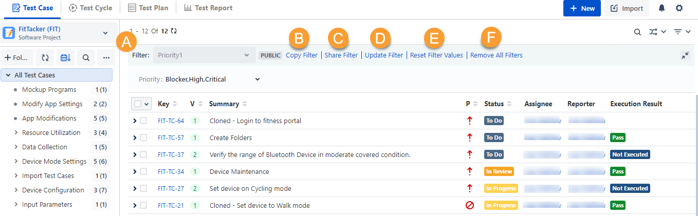 Test Case Filter Options