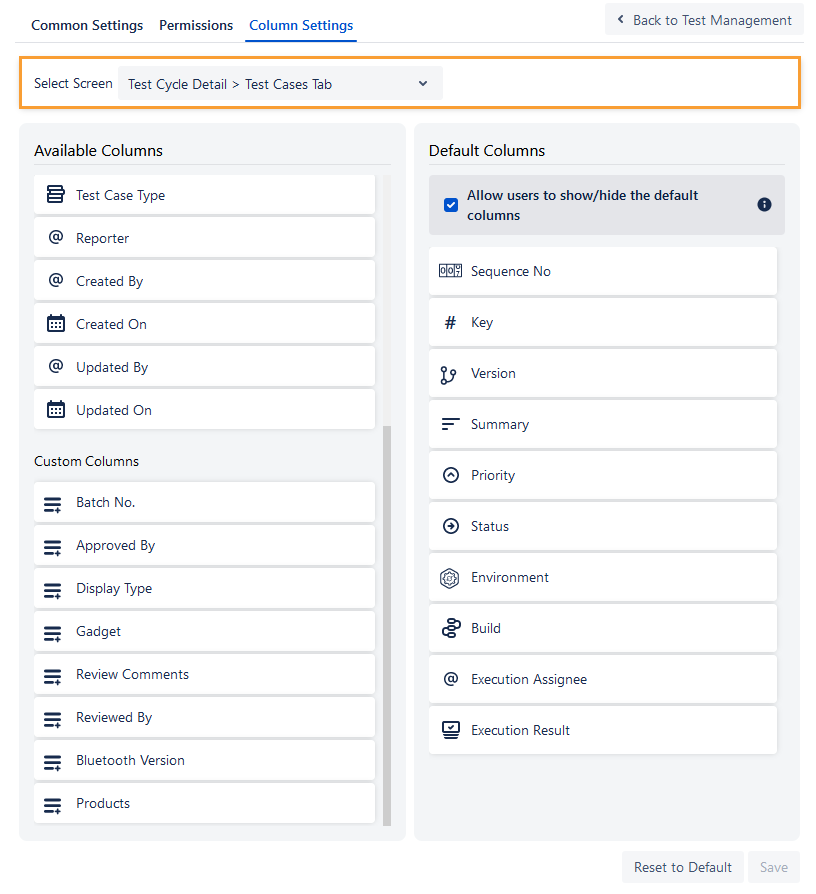 Test Plan Column Settings