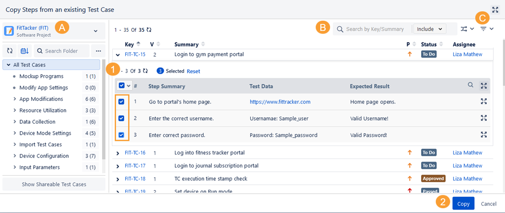 Select Test Steps to Copy