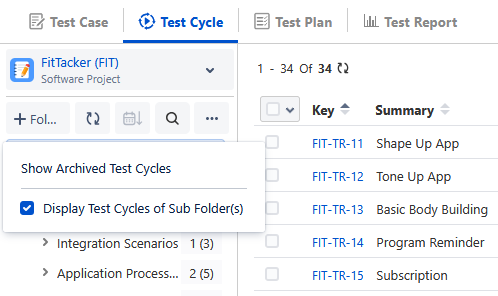 Display Test Cycles of Subfolders
