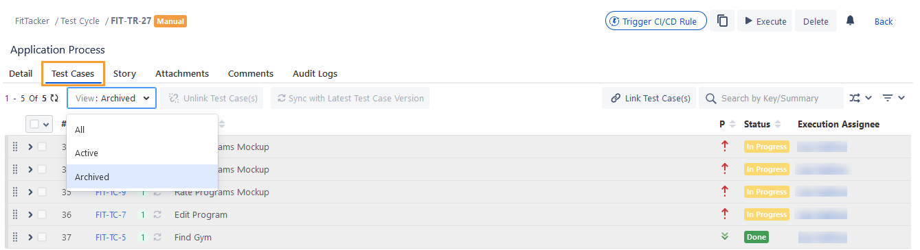 View Archived Test Cases Test Cycle