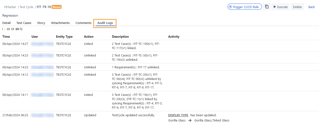Test Cycle Audit Logs