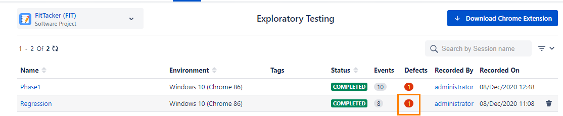 Defect Count for Session