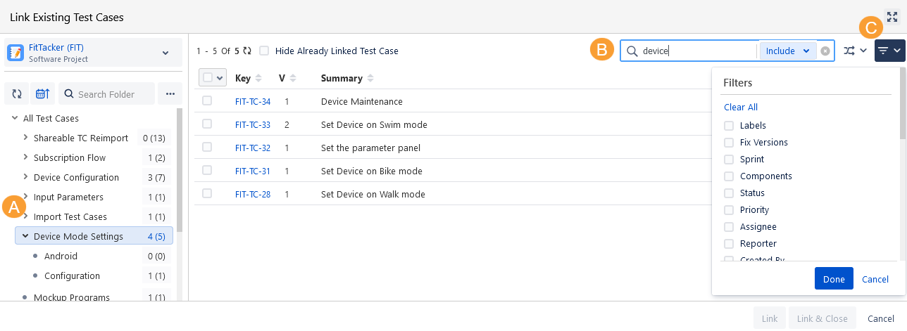 Filter Test Cases on Link Existing TC Screen