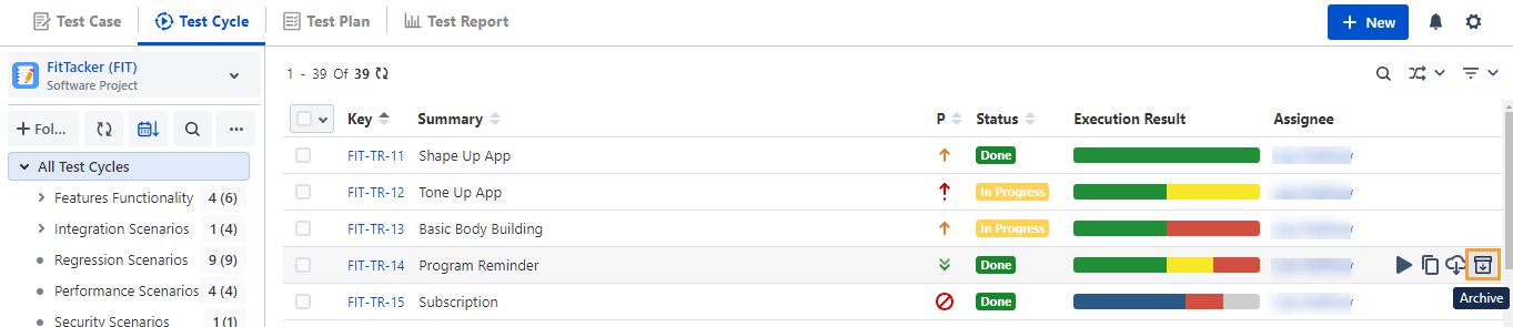 Archive Test Cycle from List View