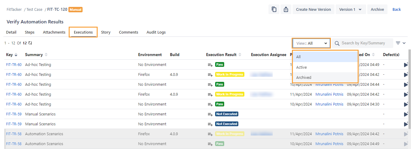 Executions Tab of Test Case