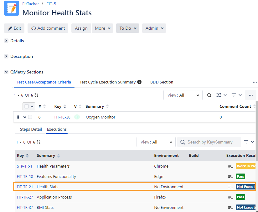 Executions Tab in Jira