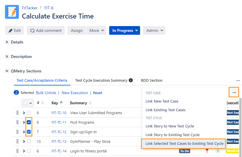 Link Selected Test Cases to Existing Test Cycle