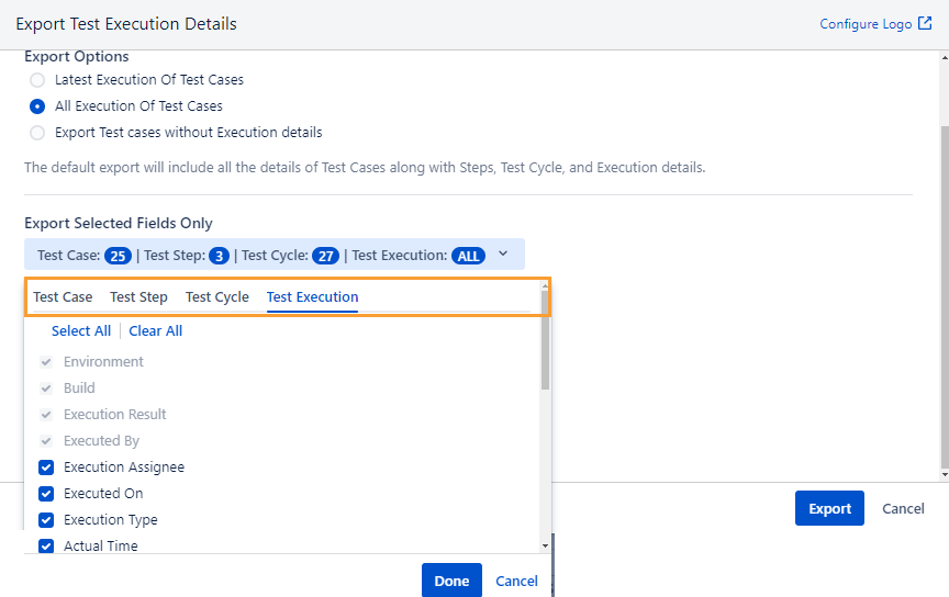 Export Options for Test Execution