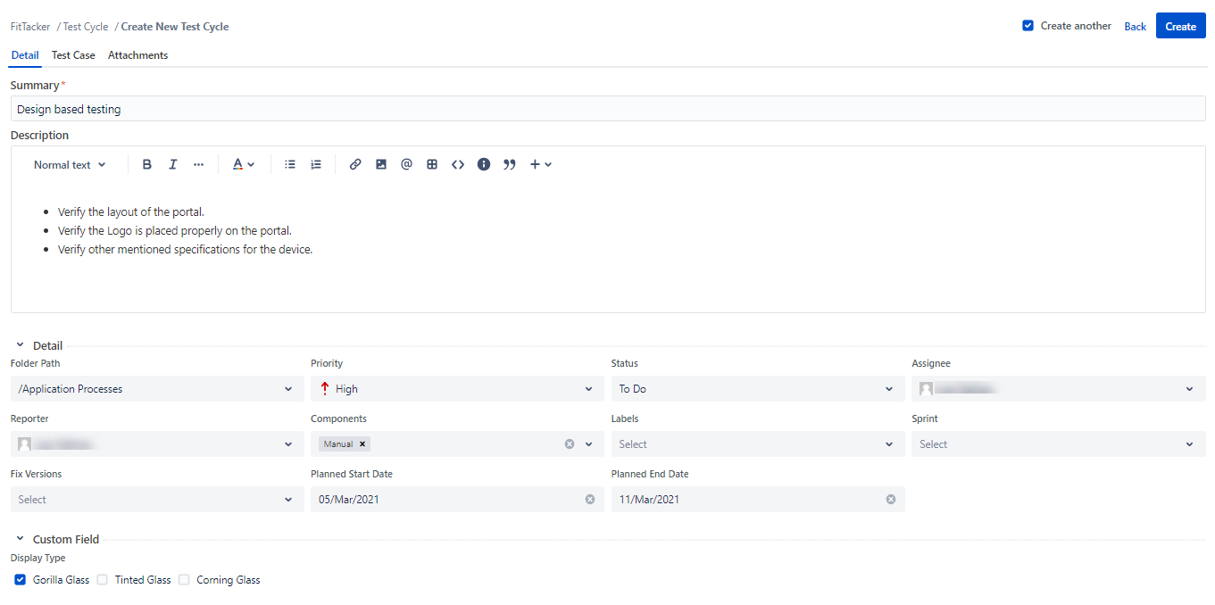 Details on Test Cycle Create Page