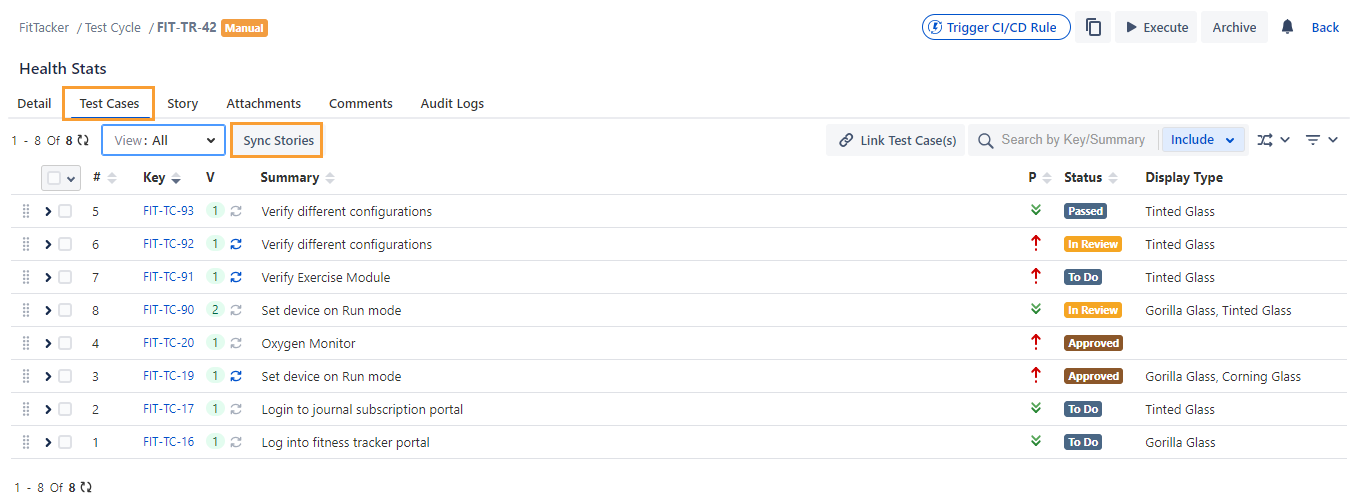 Test Cases Tab on Test Cycle Detail Page