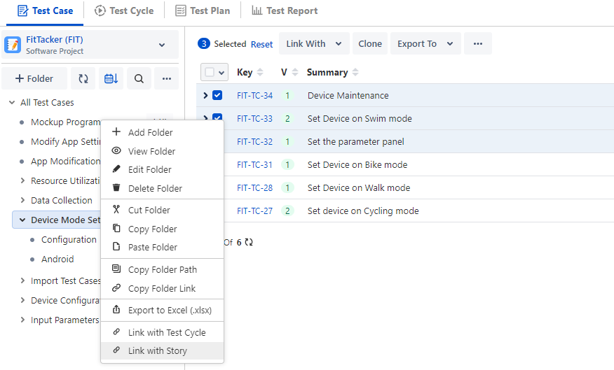 Link with Story Option on TC Tree