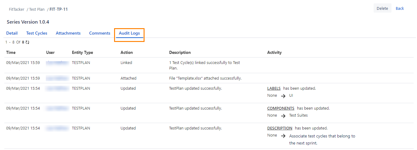 View Test Plan Audit Logs
