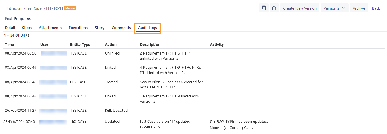 View Test Case Audit Logs