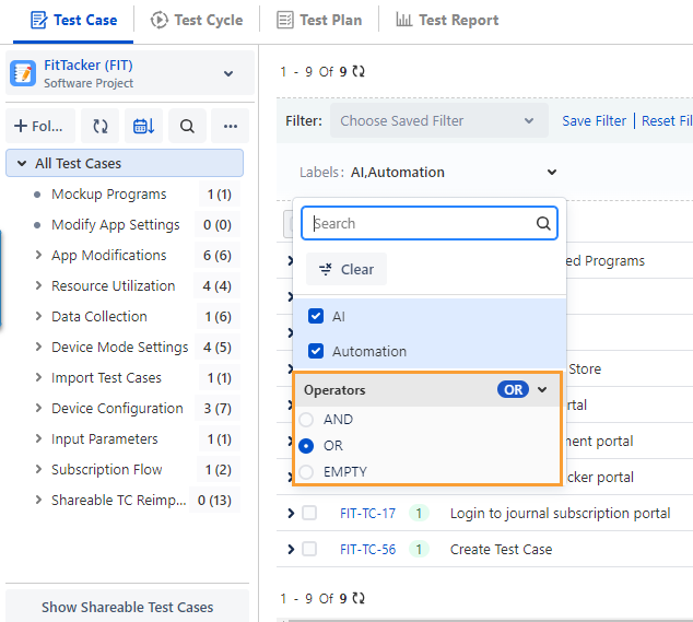 And Operator in Test Case Search