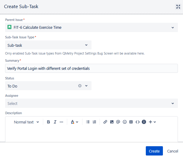 Create Subtask Dialog